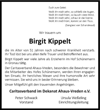 Anzeige von Birgit Kippelt von Westfälische Nachrichten