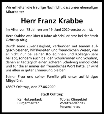 Anzeige von Franz Krabbe von Westfälische Nachrichten