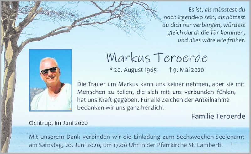  Traueranzeige für Markus Teroerde vom 17.06.2020 aus Westfälische Nachrichten
