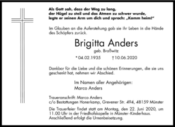 Anzeige von Brigitta Anders von Westfälische Nachrichten