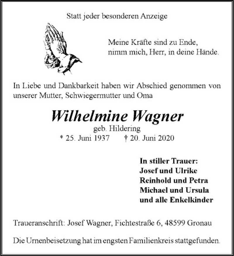  Traueranzeige für Wilhelmine Wagner vom 09.07.2020 aus Westfälische Nachrichten