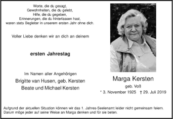 Anzeige von Marga Kersten von Westfälische Nachrichten
