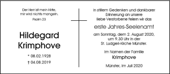 Anzeige von Hildegard Krimphove von Westfälische Nachrichten