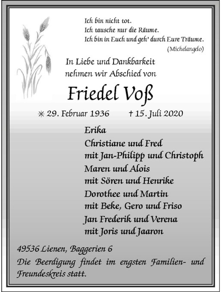  Traueranzeige für Friedel Voß vom 18.07.2020 aus Westfälische Nachrichten