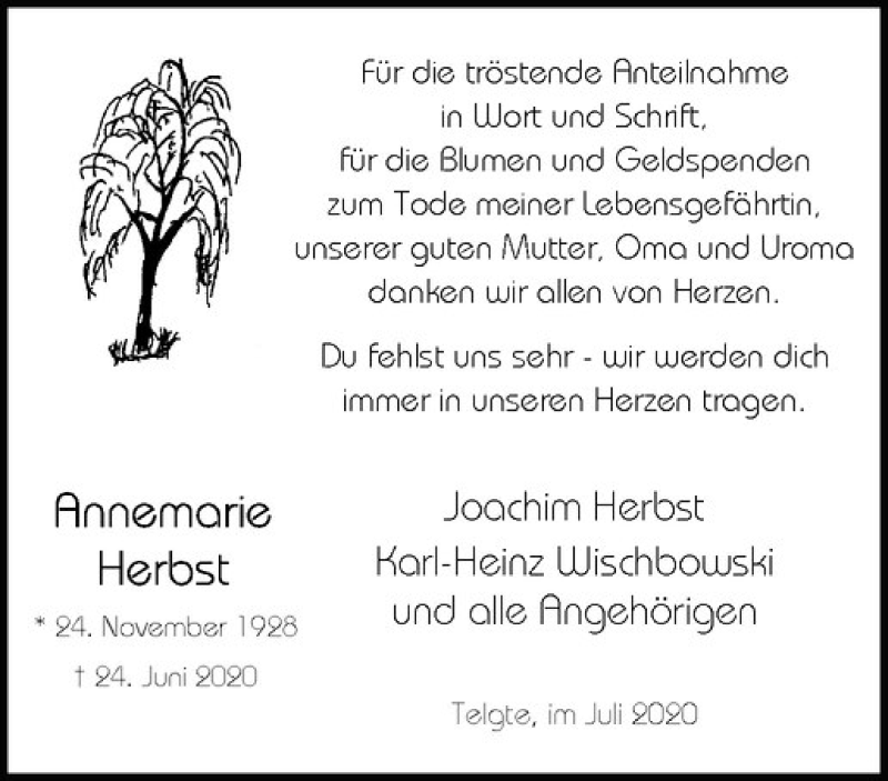  Traueranzeige für Annemarie Herbst vom 24.07.2020 aus Westfälische Nachrichten