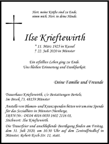 Anzeige von Ilse Krieftewirth von Westfälische Nachrichten