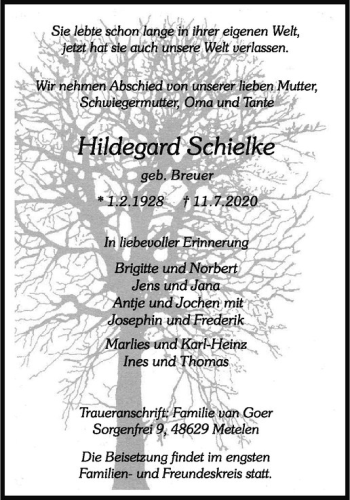Anzeige von Hildegard Schielke von Westfälische Nachrichten