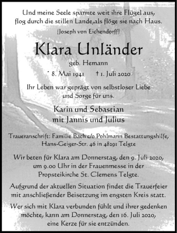 Anzeige von Klara Unländer von Westfälische Nachrichten