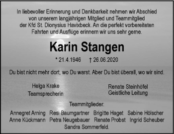 Anzeige von Karin Stangen von Westfälische Nachrichten