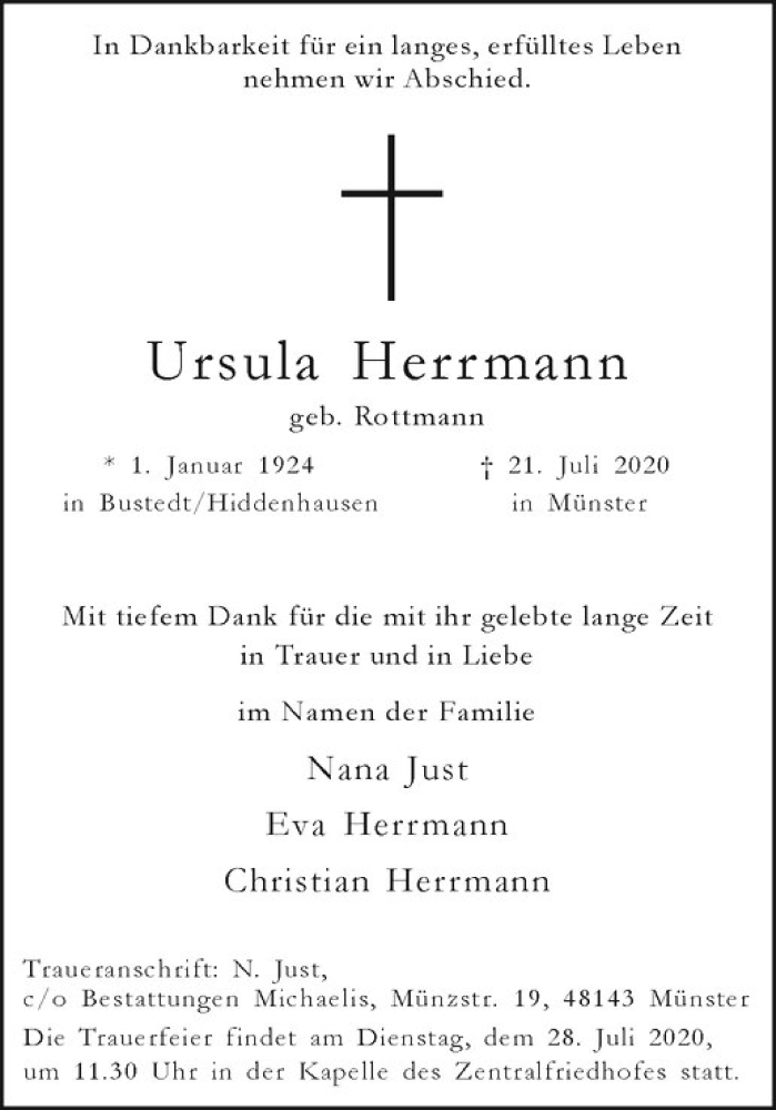  Traueranzeige für Ursula Herrmann vom 25.07.2020 aus Westfälische Nachrichten