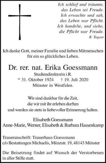 Anzeige von Erika Goessmann von Westfälische Nachrichten