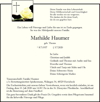 Anzeige von Mathilde Haumer von Westfälische Nachrichten