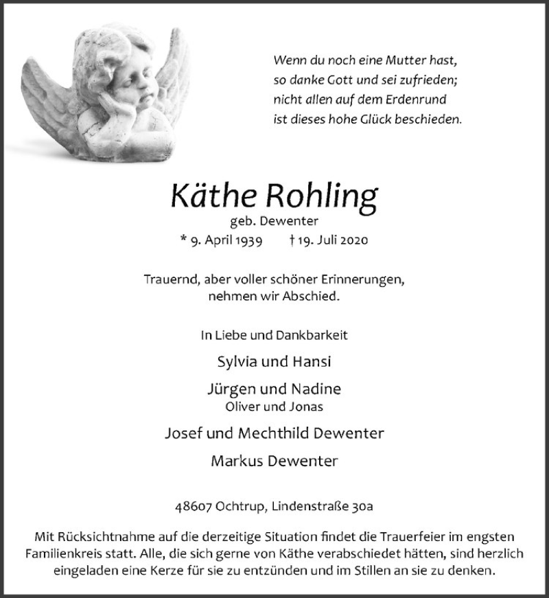  Traueranzeige für Käthe Rohling vom 21.07.2020 aus Westfälische Nachrichten