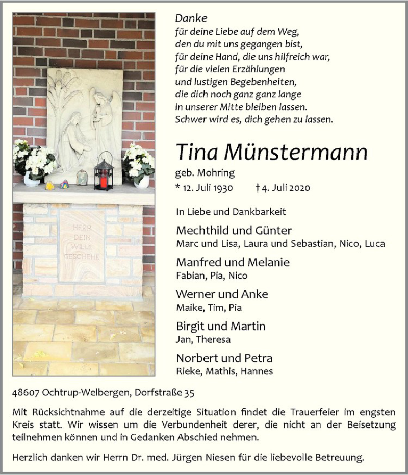  Traueranzeige für Tina Münstermann vom 07.07.2020 aus Westfälische Nachrichten