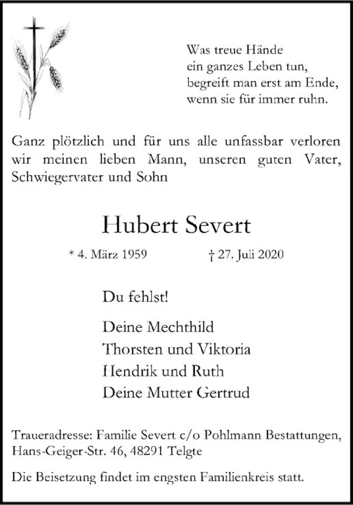 Traueranzeige für Hubert Severt vom 30.07.2020 aus Westfälische Nachrichten