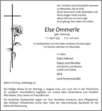 Anzeige von Else Ommerle von Westfälische Nachrichten