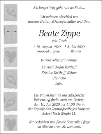 Anzeige von Beate Zippe von Westfälische Nachrichten