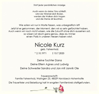 Anzeige von Nicole Kurz von Westfälische Nachrichten