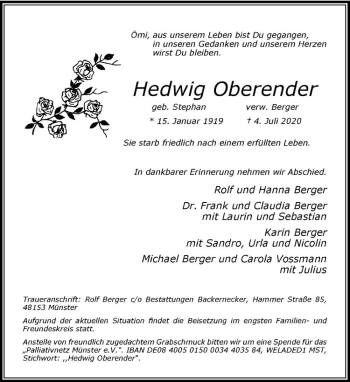 Anzeige von Hedwig Oberender von Westfälische Nachrichten