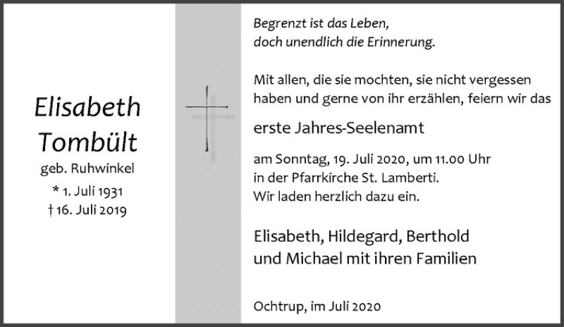  Traueranzeige für Elisabeth Tombült vom 15.07.2020 aus Westfälische Nachrichten