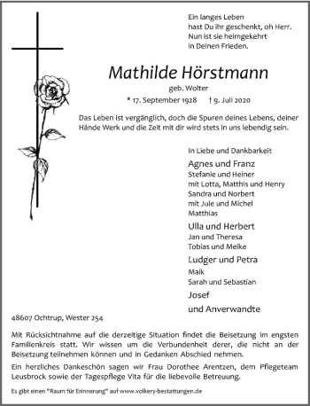 Anzeige von Mathilde Hörstmann von Westfälische Nachrichten
