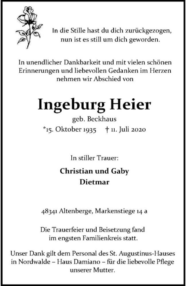  Traueranzeige für Ingeburg Heier vom 18.07.2020 aus Westfälische Nachrichten