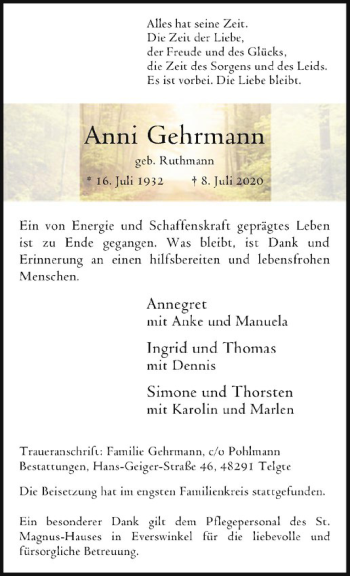 Anzeige von Anni Gehrmann von Westfälische Nachrichten