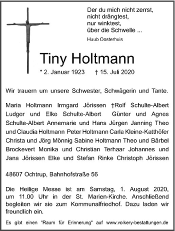 Anzeige von Tiny Holtmann von Westfälische Nachrichten