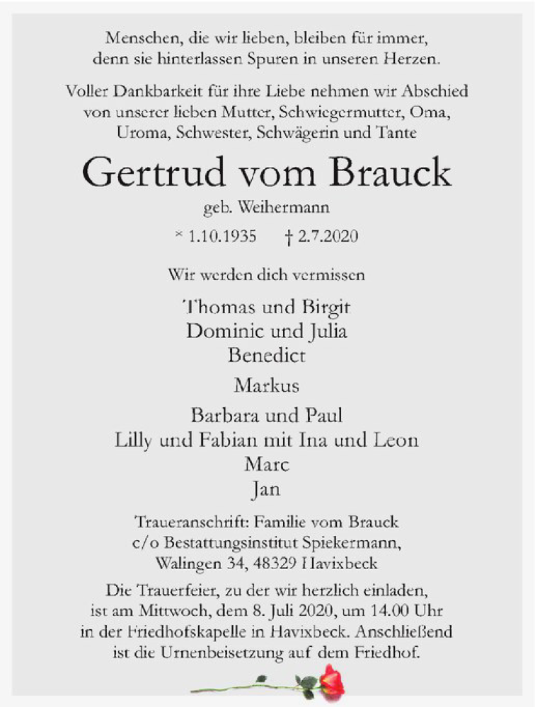  Traueranzeige für Gertrud vom Brauck vom 04.07.2020 aus Westfälische Nachrichten
