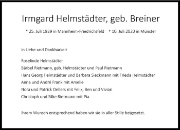 Anzeige von Irmgard Helmstädter von Westfälische Nachrichten