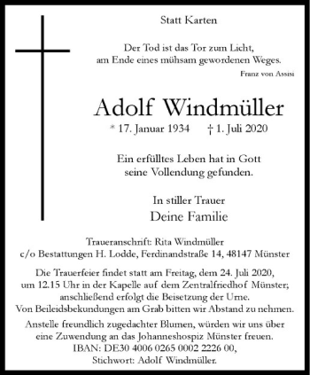 Anzeige von Adolf Windmüller von Westfälische Nachrichten