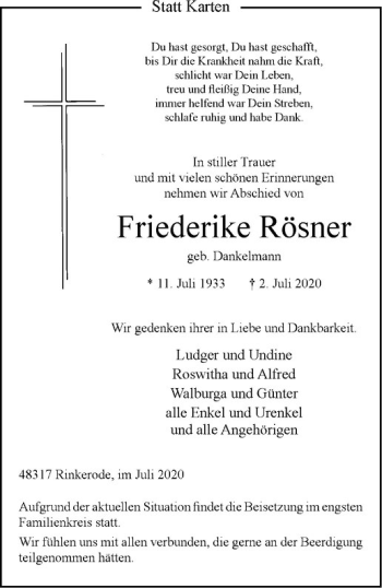 Anzeige von Friederike Rösner von Westfälische Nachrichten