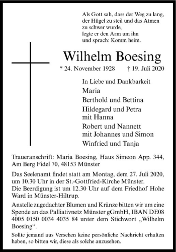 Anzeige von Wilhelm Boesing von Westfälische Nachrichten