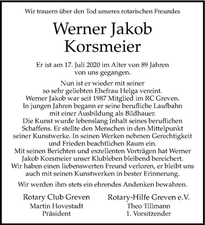  Traueranzeige für Werner Jakob Korsmeier vom 22.07.2020 aus Westfälische Nachrichten