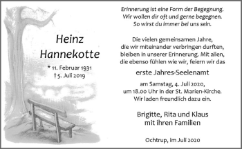Anzeige von Heinz Hannekotte von Westfälische Nachrichten
