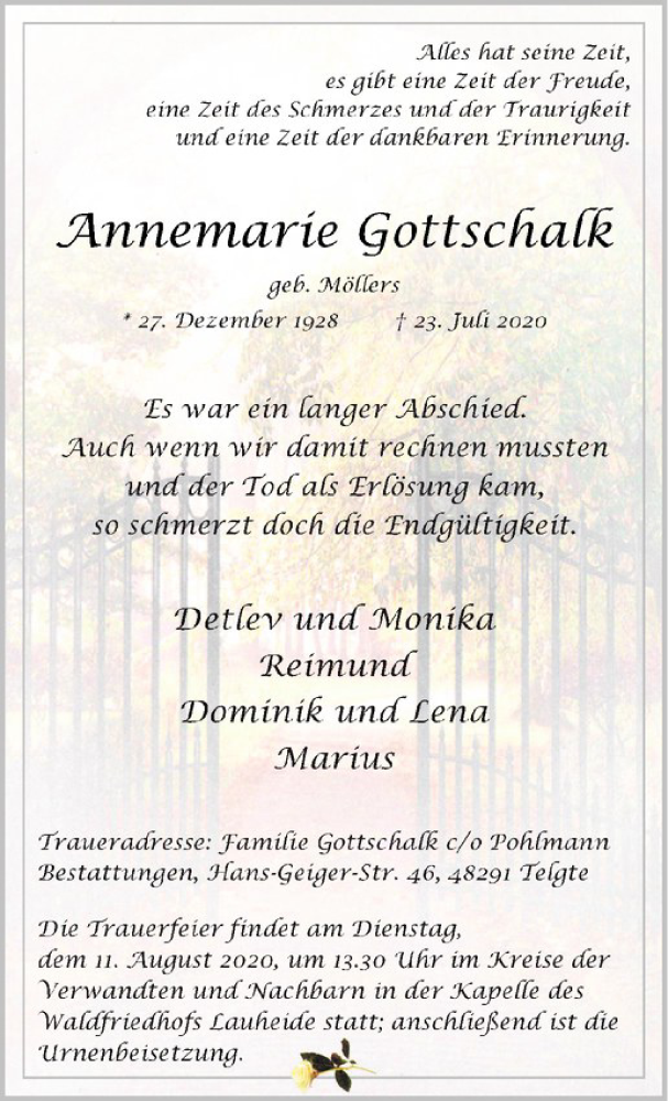  Traueranzeige für Annemarie Gottschalk vom 29.07.2020 aus Westfälische Nachrichten