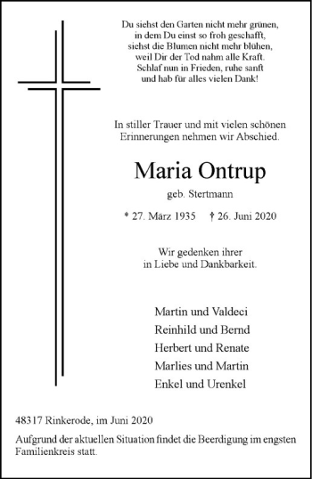 Anzeige von Maria Ontrup von Westfälische Nachrichten