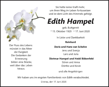 Anzeige von Edith Hampel von Westfälische Nachrichten