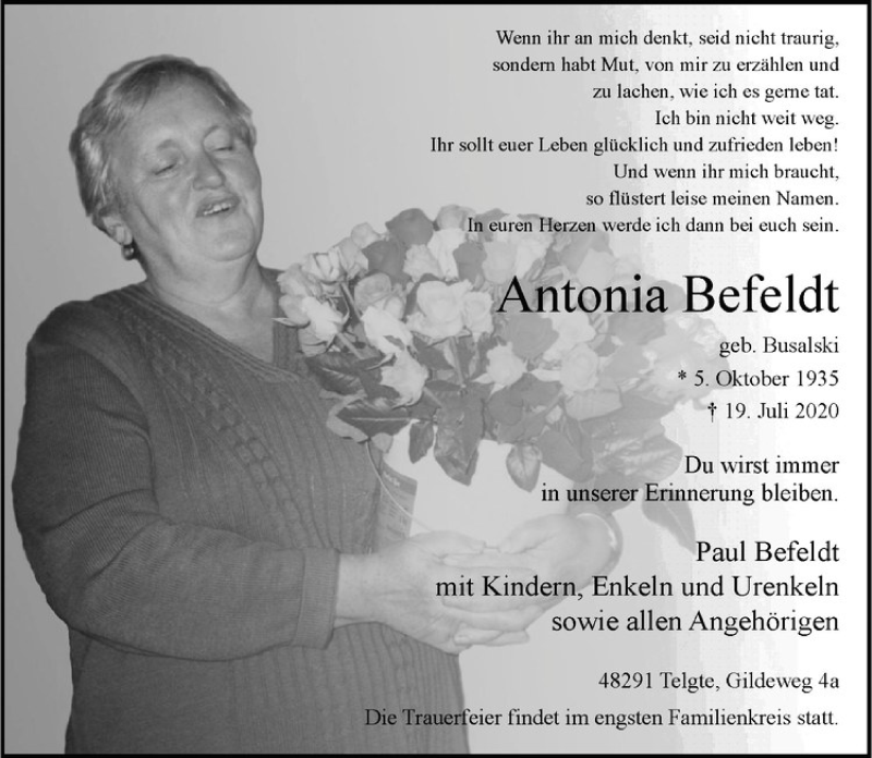  Traueranzeige für Antonia Befeld vom 25.07.2020 aus Westfälische Nachrichten