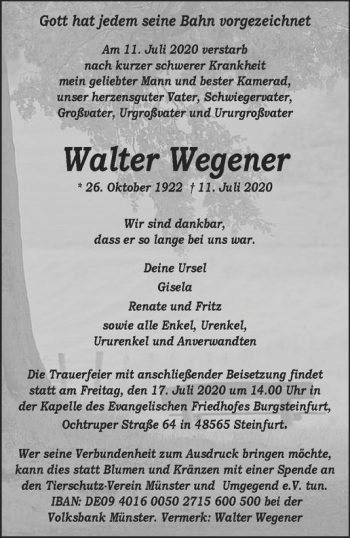 Anzeige von Walter Wegener von Westfälische Nachrichten