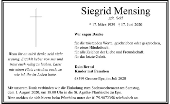 Anzeige von Siegrid Mensing von Westfälische Nachrichten