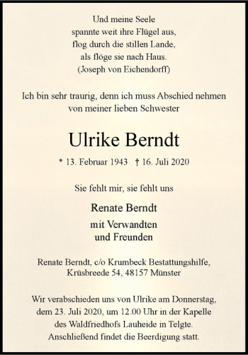 Anzeige von Ulrike Berndt von Westfälische Nachrichten