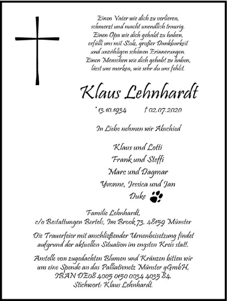  Traueranzeige für Klaus Lehnart vom 11.07.2020 aus Westfälische Nachrichten