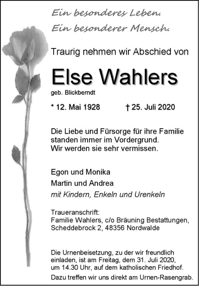  Traueranzeige für Else Wahlers vom 29.07.2020 aus Westfälische Nachrichten