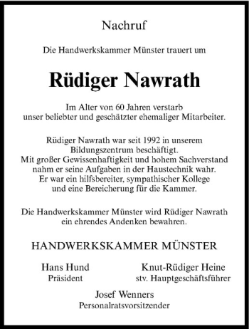 Anzeige von Rüdiger Nawrtah von Westfälische Nachrichten