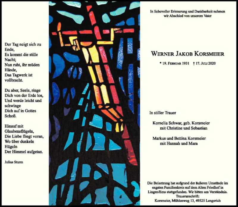 Traueranzeige für Werner Jakob Korsmeier vom 25.07.2020 aus Westfälische Nachrichten