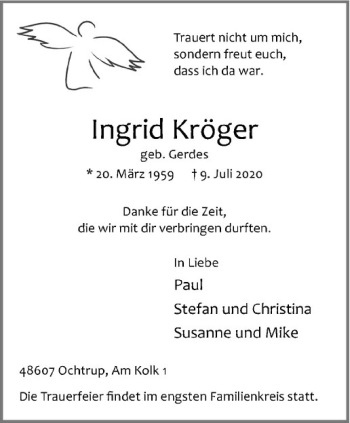 Anzeige von Ingrid Kröger von Westfälische Nachrichten