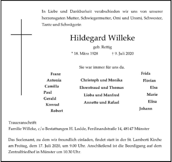 Anzeige von Hildegard Willeke von Westfälische Nachrichten