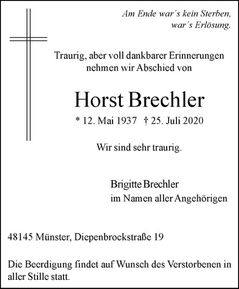  Traueranzeige für Horst Brechler vom 29.07.2020 aus Westfälische Nachrichten
