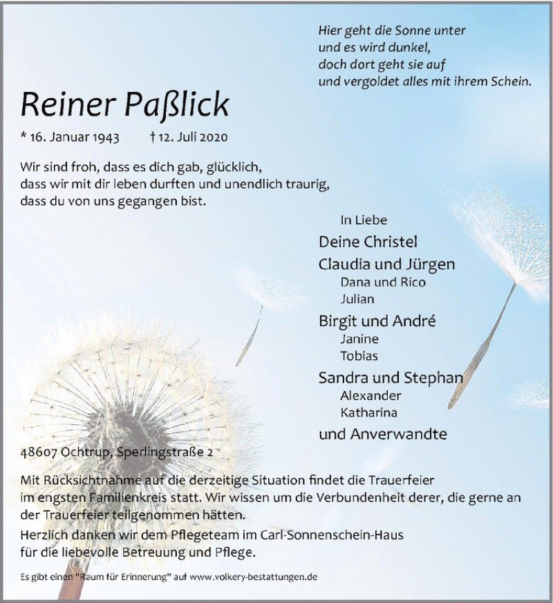  Traueranzeige für Reiner Paßlick vom 14.07.2020 aus Westfälische Nachrichten